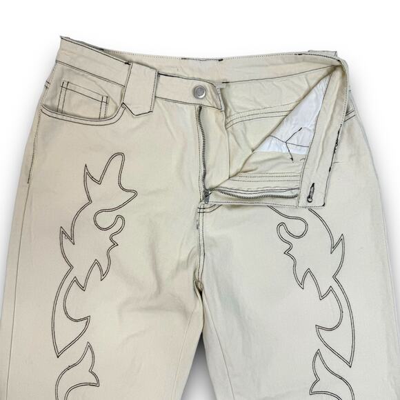 Et Clet Lightweight Denim Embroidered Jeans Wide Leg Western Cream Brown Medium - Picture 4 of 9